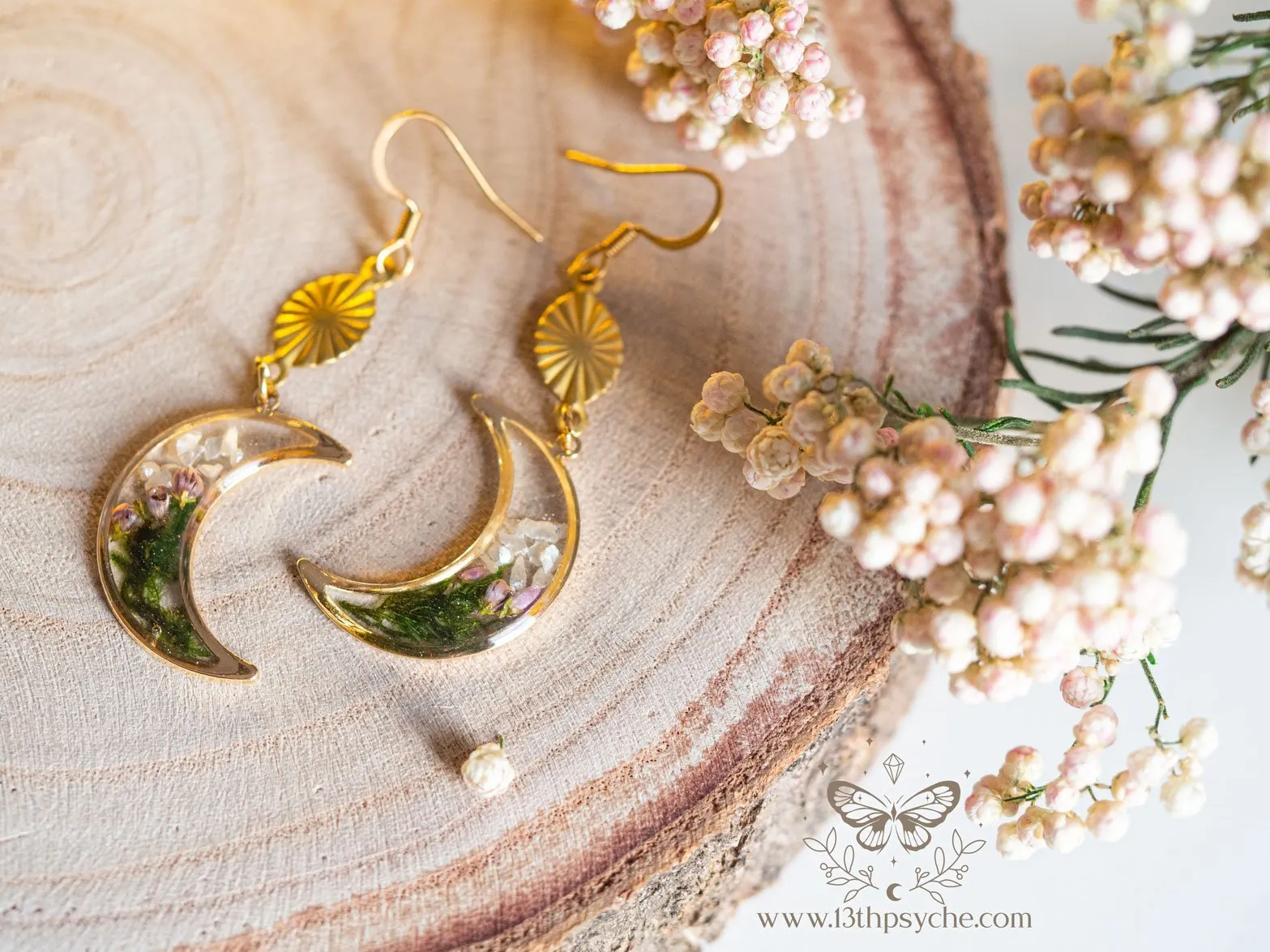 Moss and flowers dangle crescent moon earrings