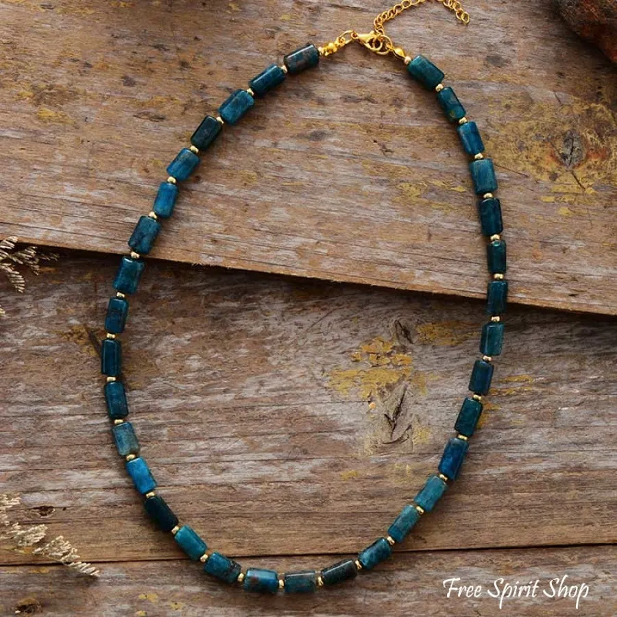 Natural Blue Apatite Tube Bead Choker Necklace