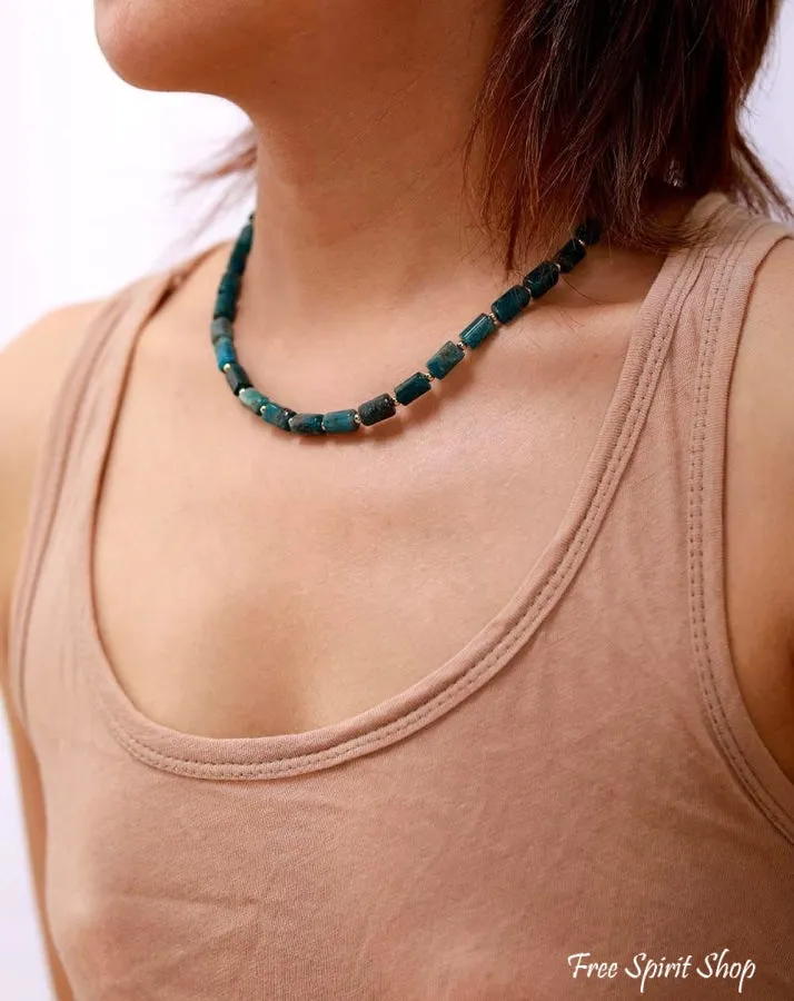 Natural Blue Apatite Tube Bead Choker Necklace