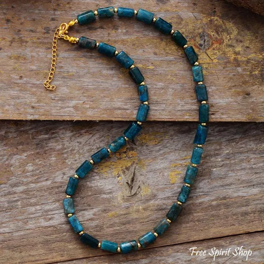 Natural Blue Apatite Tube Bead Choker Necklace