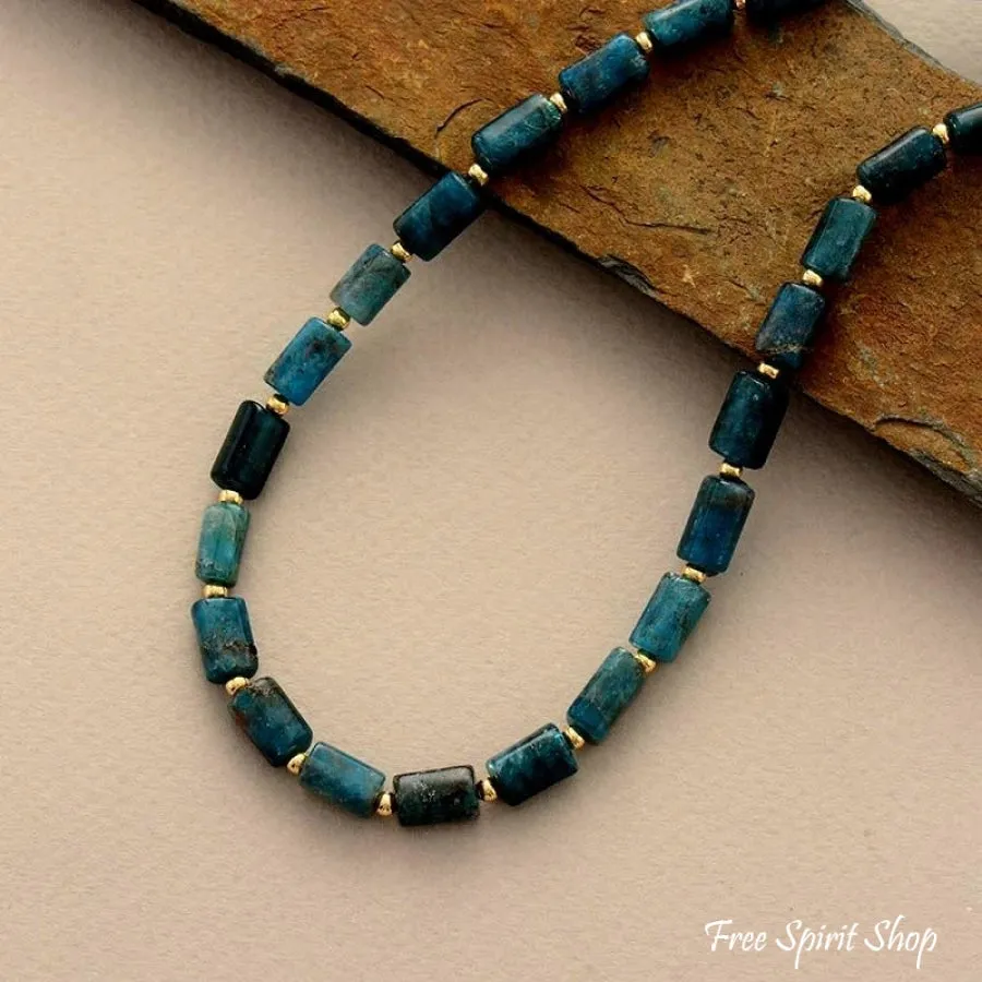 Natural Blue Apatite Tube Bead Choker Necklace