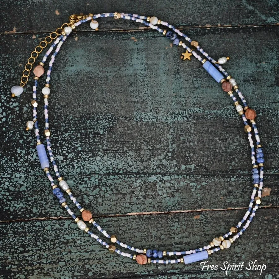 Natural Blue Sodalite Jasper & Pearl Beaded Choker Necklace