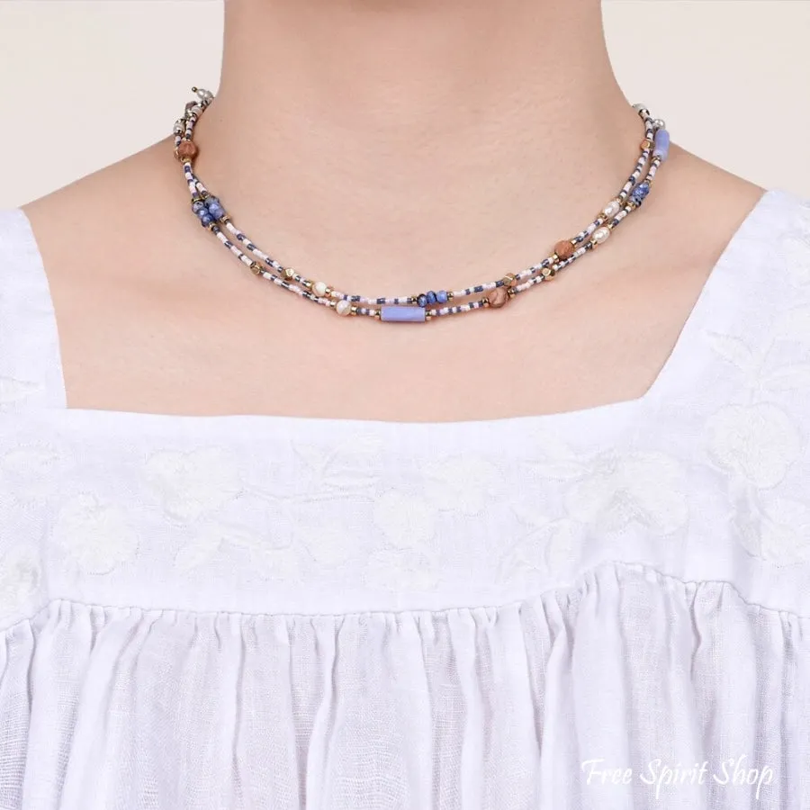 Natural Blue Sodalite Jasper & Pearl Beaded Choker Necklace