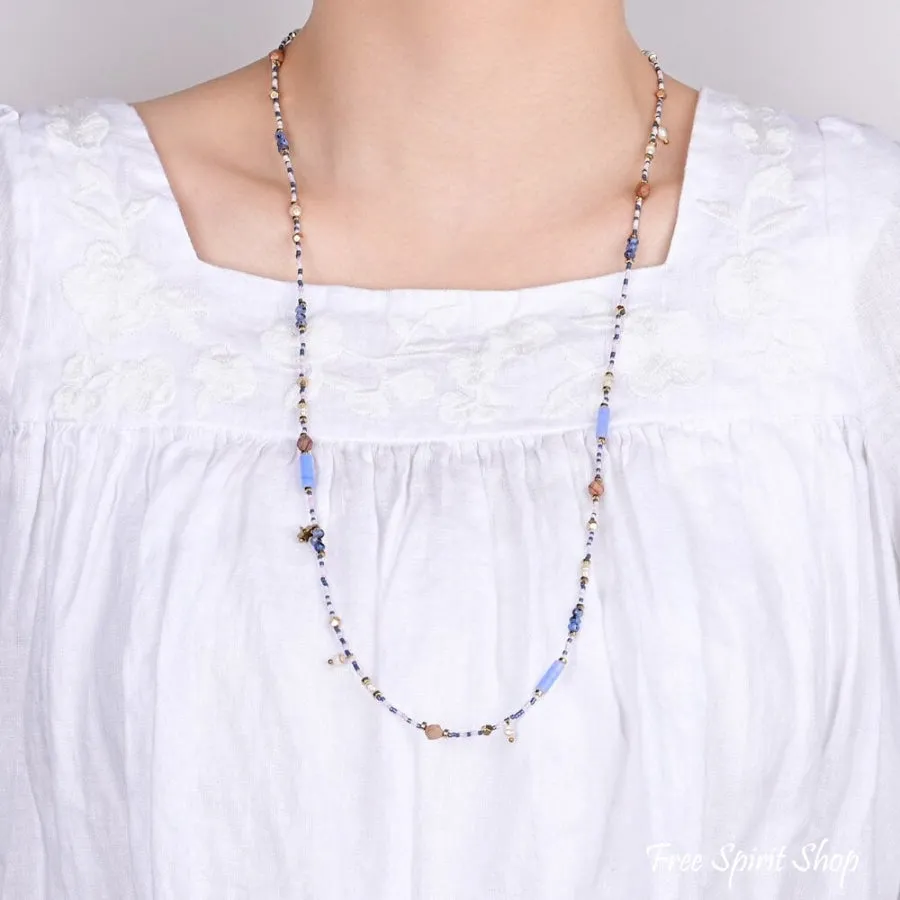 Natural Blue Sodalite Jasper & Pearl Beaded Choker Necklace