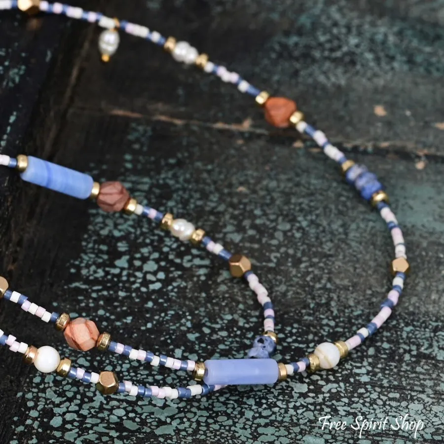 Natural Blue Sodalite Jasper & Pearl Beaded Choker Necklace