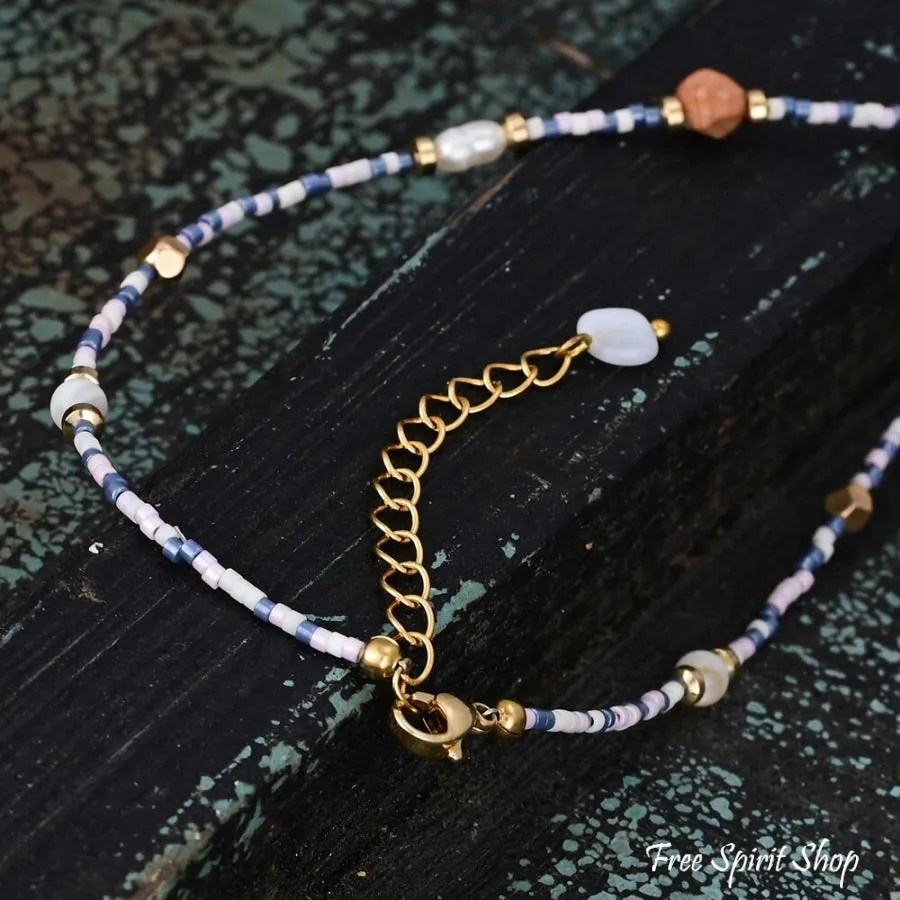 Natural Blue Sodalite Jasper & Pearl Beaded Choker Necklace