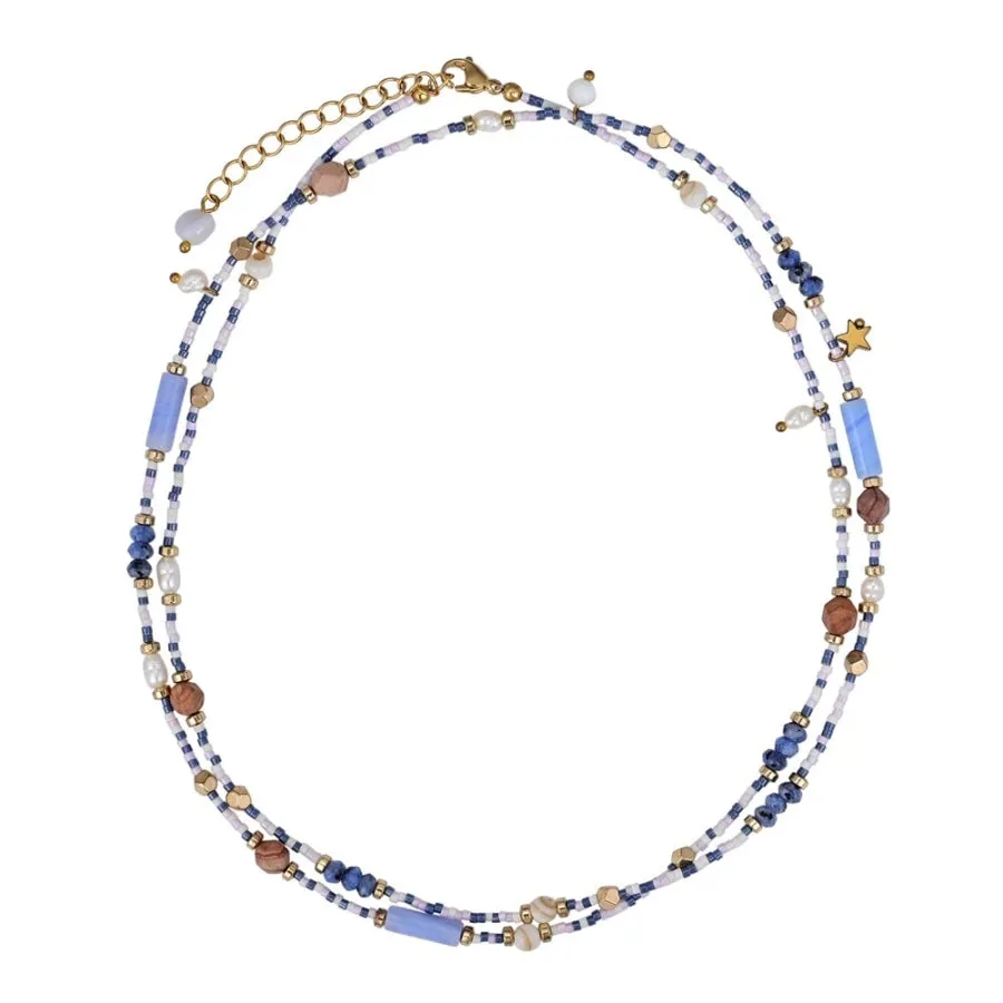 Natural Blue Sodalite Jasper & Pearl Beaded Choker Necklace