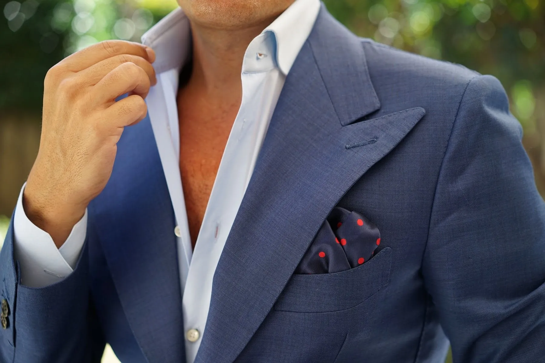 Navy Blue Pocket Square with Red Polka Dots