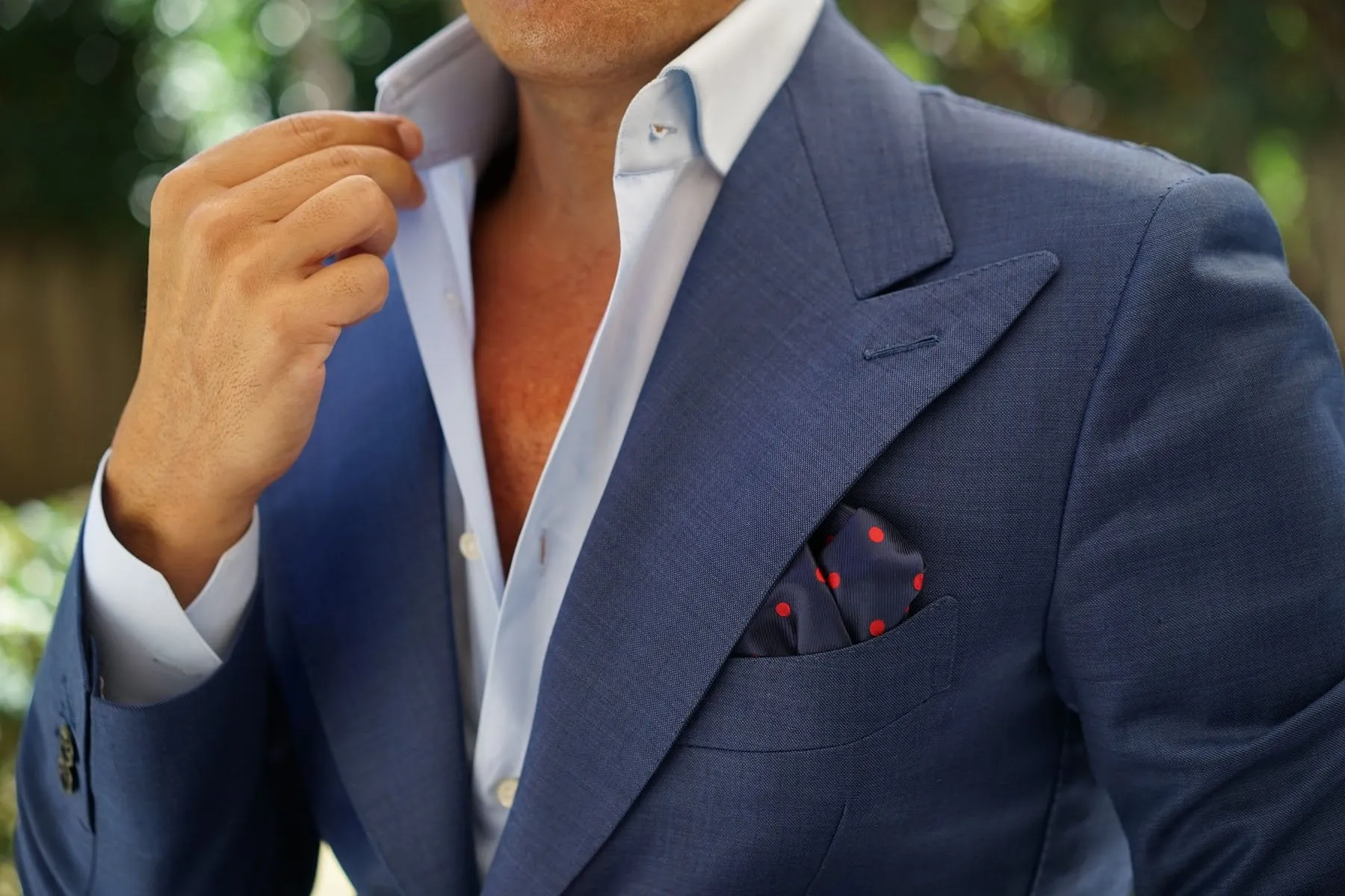 Navy Blue Pocket Square with Red Polka Dots