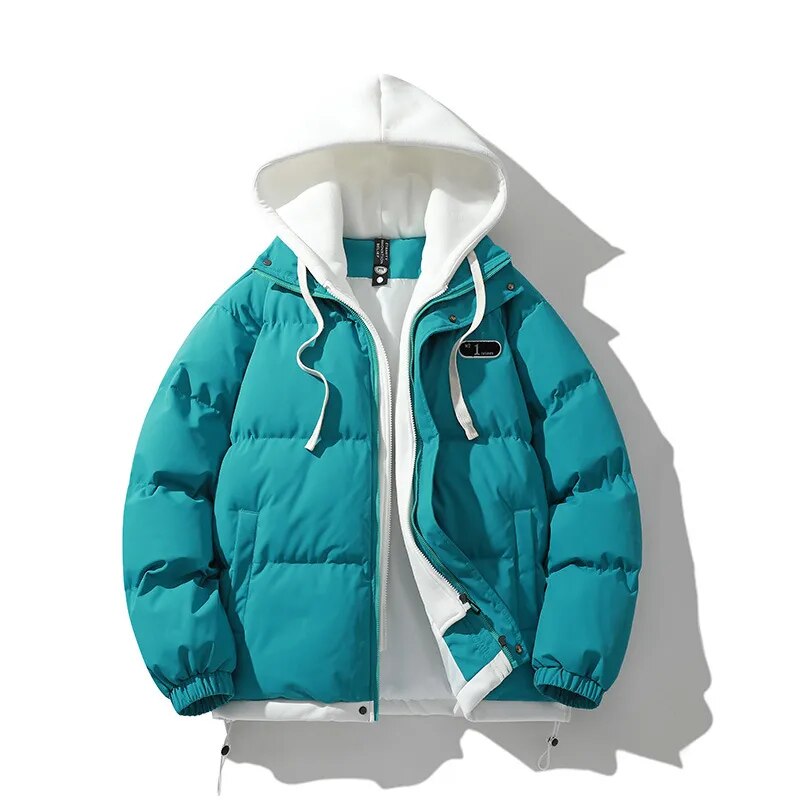 New Arrival Casual Fashion Mens Winter Trendy Fake Two-piece Hooded Bread Suit Couple Cotton-padded Jackets And Coats