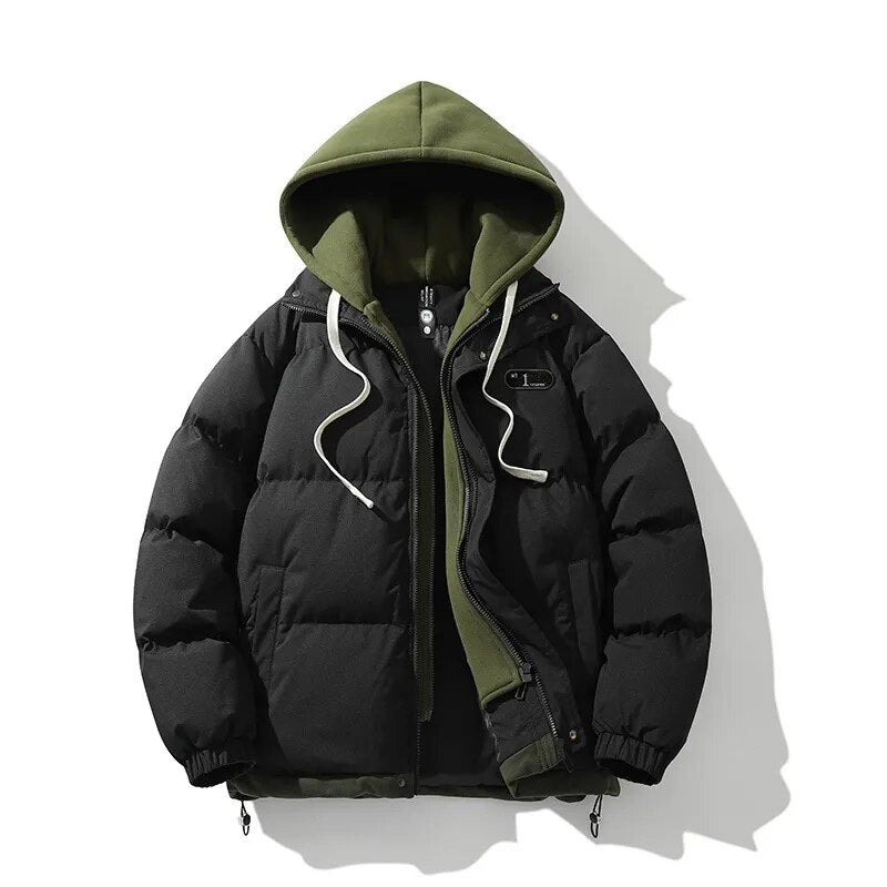 New Arrival Casual Fashion Mens Winter Trendy Fake Two-piece Hooded Bread Suit Couple Cotton-padded Jackets And Coats