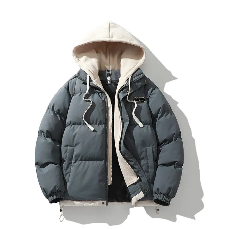 New Arrival Casual Fashion Mens Winter Trendy Fake Two-piece Hooded Bread Suit Couple Cotton-padded Jackets And Coats