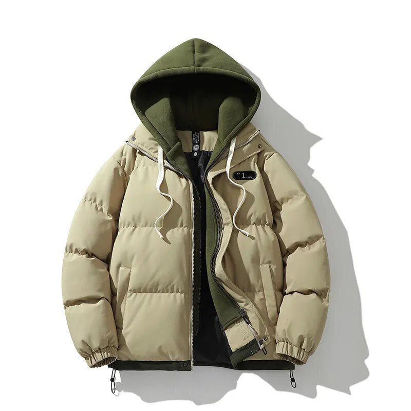 New Arrival Casual Fashion Mens Winter Trendy Fake Two-piece Hooded Bread Suit Couple Cotton-padded Jackets And Coats