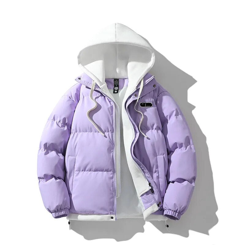 New Arrival Casual Fashion Mens Winter Trendy Fake Two-piece Hooded Bread Suit Couple Cotton-padded Jackets And Coats