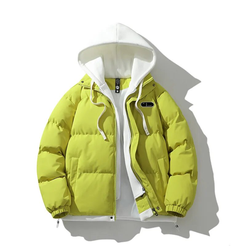 New Arrival Casual Fashion Mens Winter Trendy Fake Two-piece Hooded Bread Suit Couple Cotton-padded Jackets And Coats