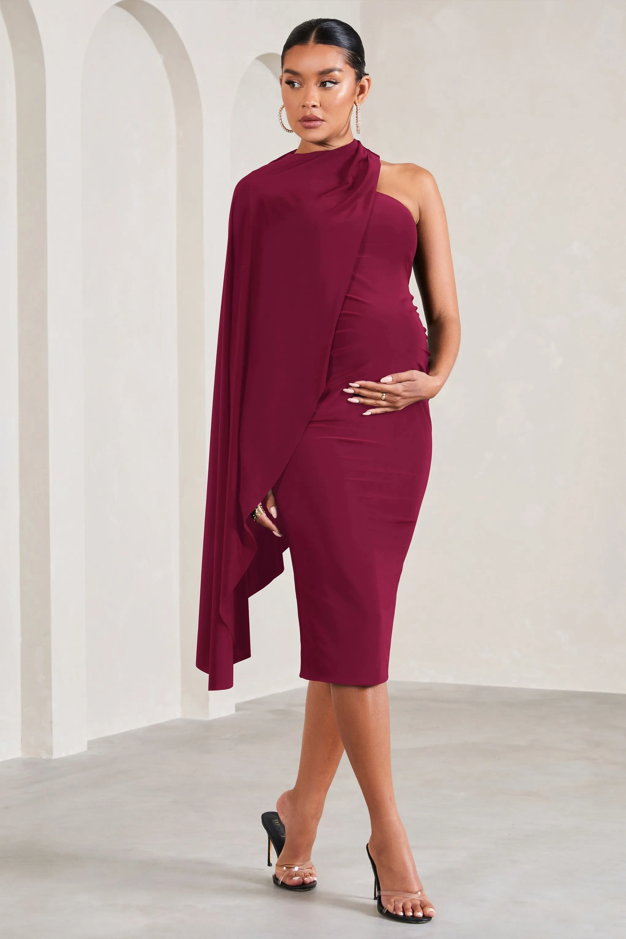 New Chapter | Berry Asymmetric Maternity Midi Dress With Cape