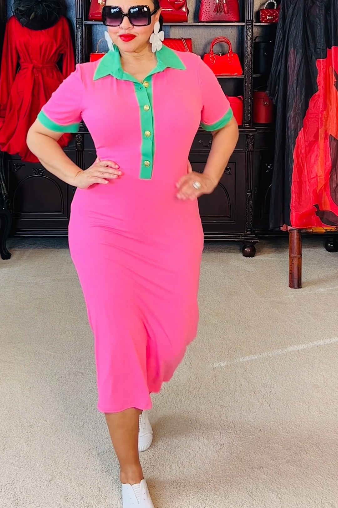 Pink Green Form Fitting Midi Dress