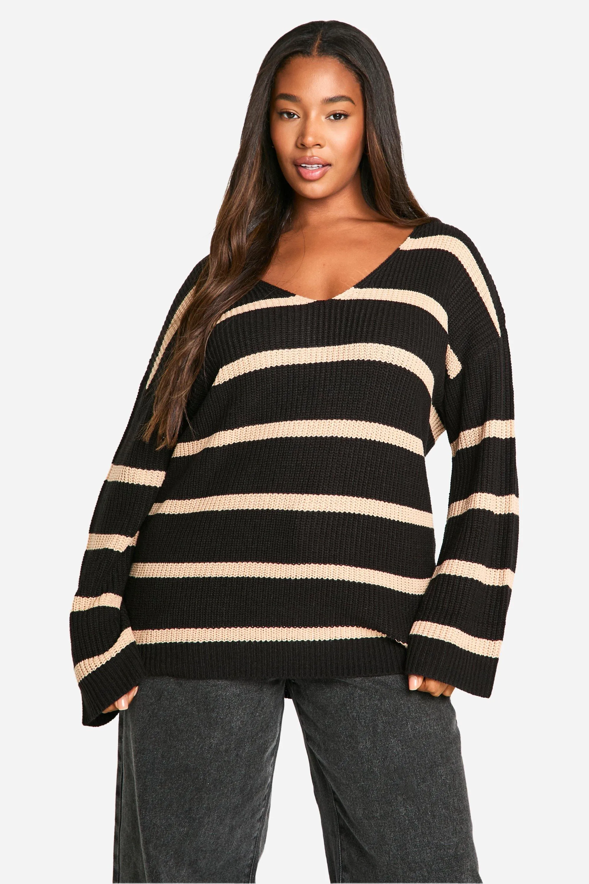 Plus Chunky Oversized Stripe V Neck Sweater