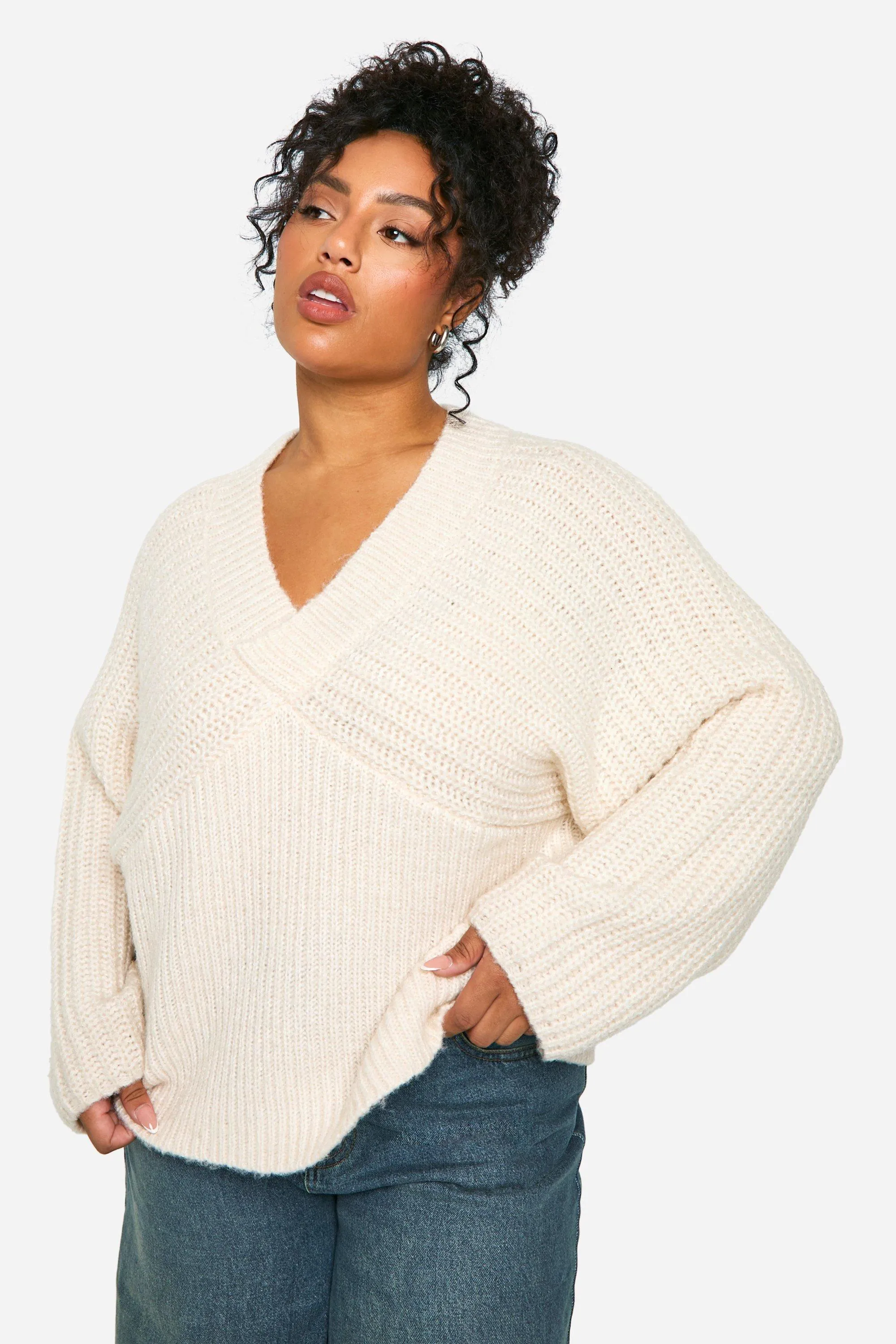 Plus Chunky Rib V Neck Wide Sleeve Sweater