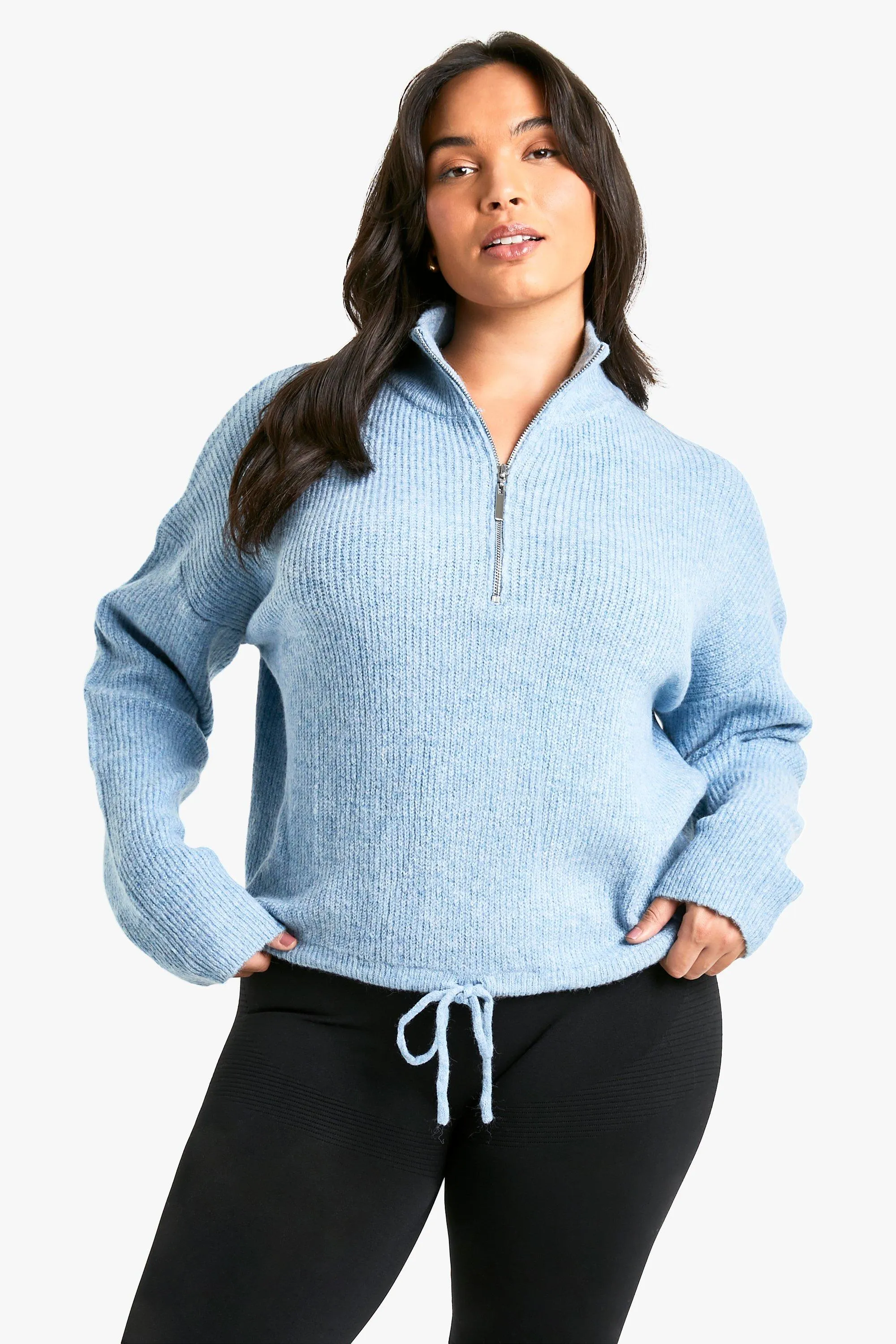 Plus Drawstring Zip Funnel Neck Sweater