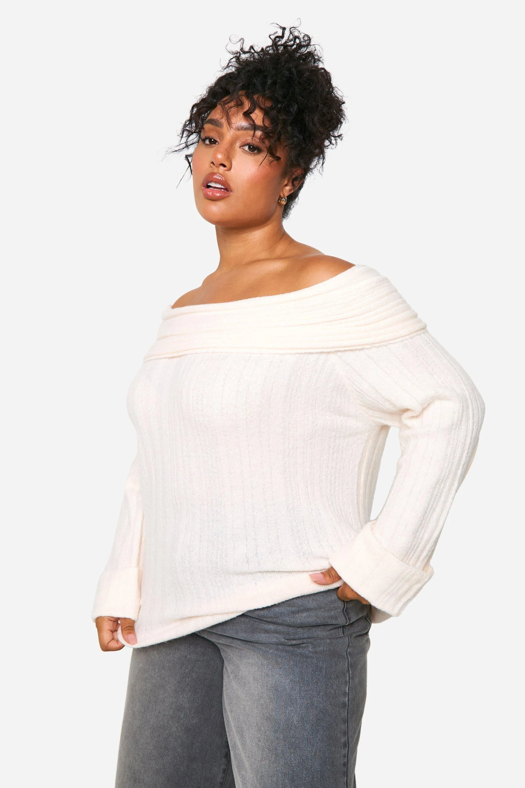 Plus Rib Neckline Off The Shoulder Longline Sweater