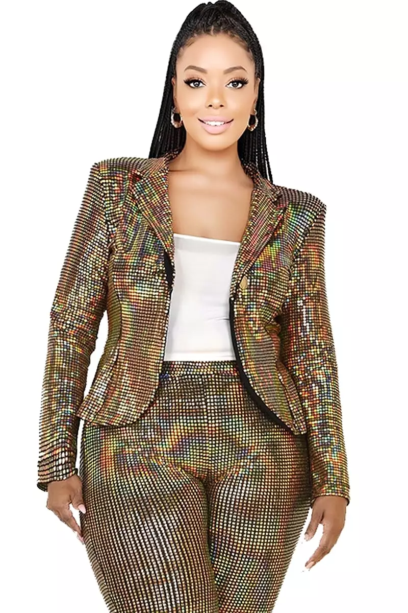 Plus Size Metallic Sequins 2 Piece Jacket And Pants Set