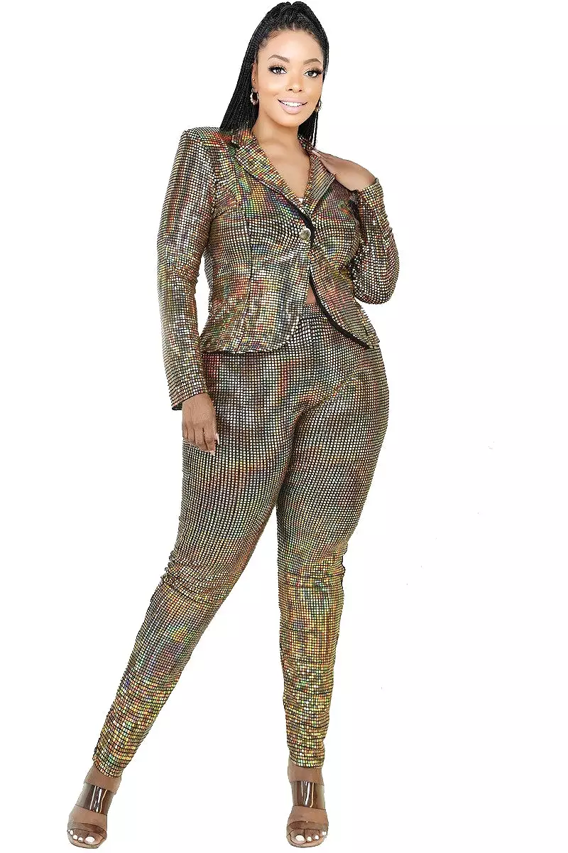 Plus Size Metallic Sequins 2 Piece Jacket And Pants Set