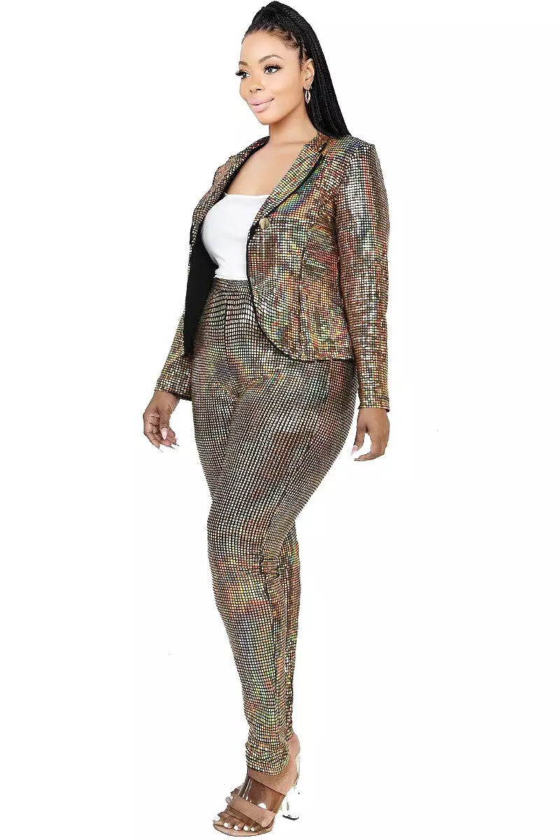 Plus Size Metallic Sequins 2 Piece Jacket And Pants Set