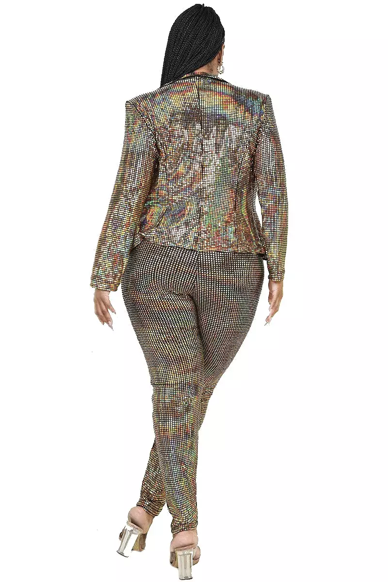 Plus Size Metallic Sequins 2 Piece Jacket And Pants Set