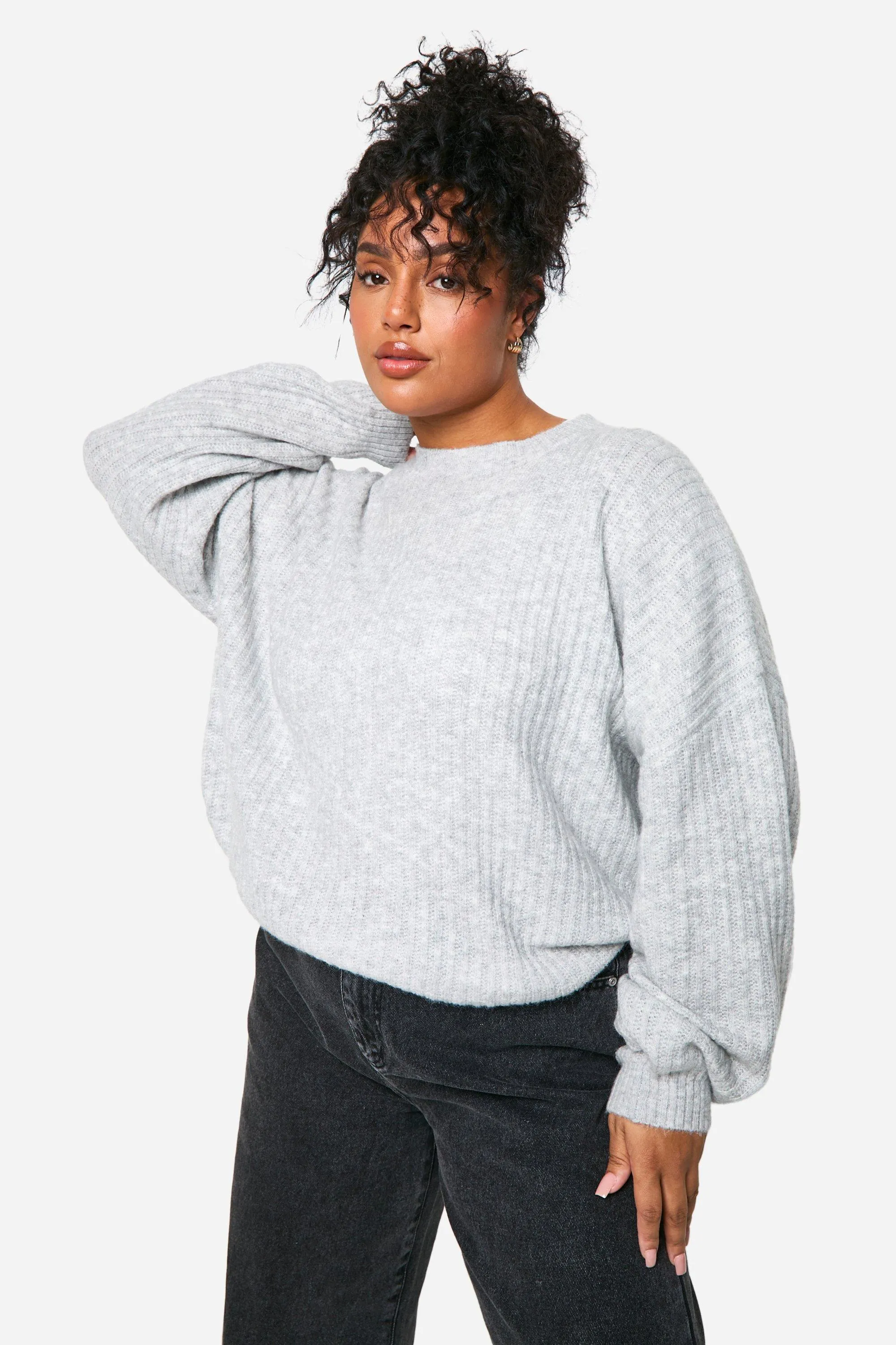 Plus Soft Rib Knit Balloon Sleeve Sweater