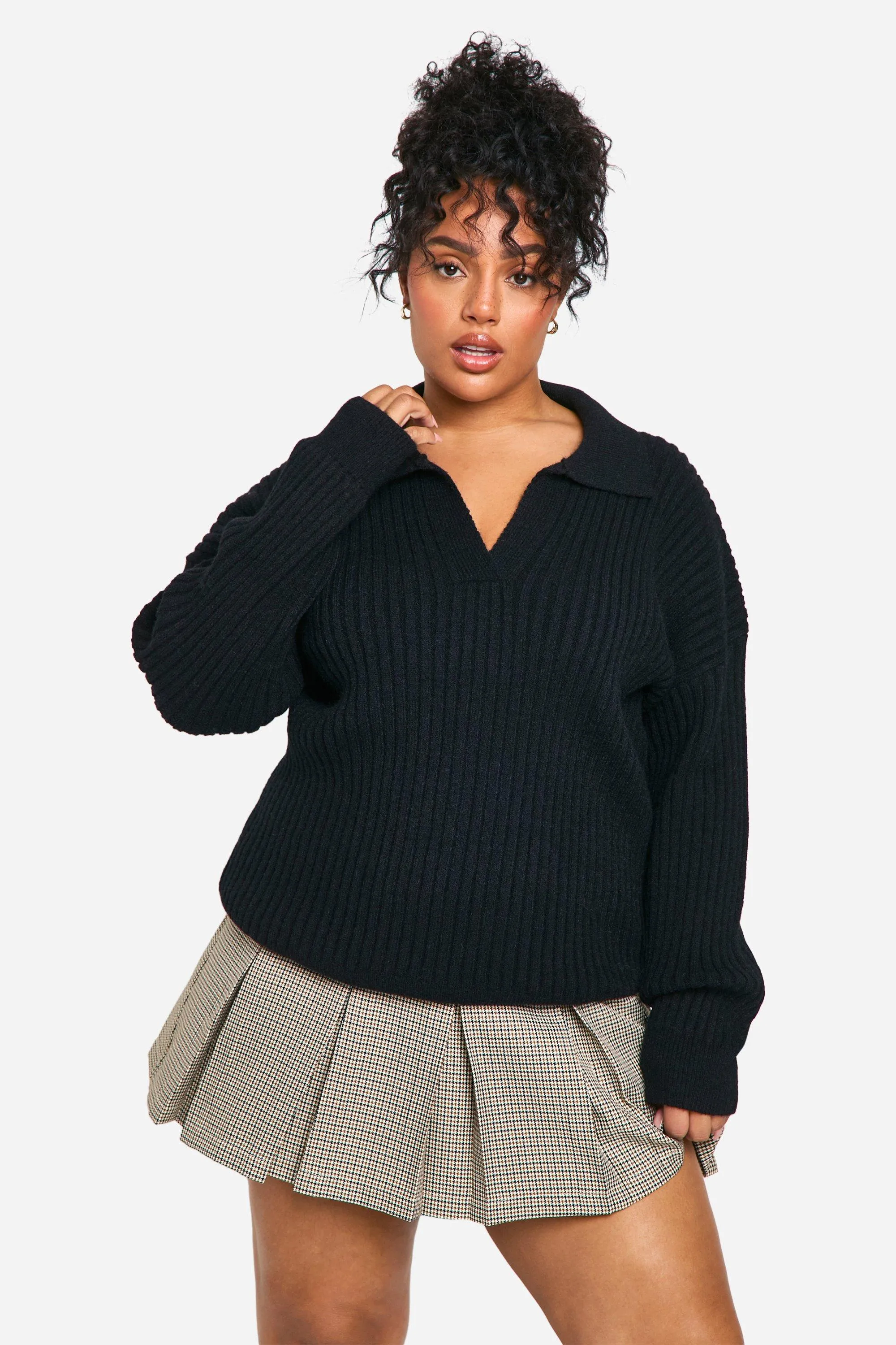 Plus Soft Wide Rib Knit Collared Sweater