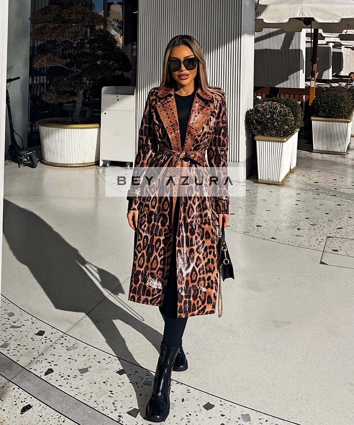 PU Leather Snake Pattern Midi Coat