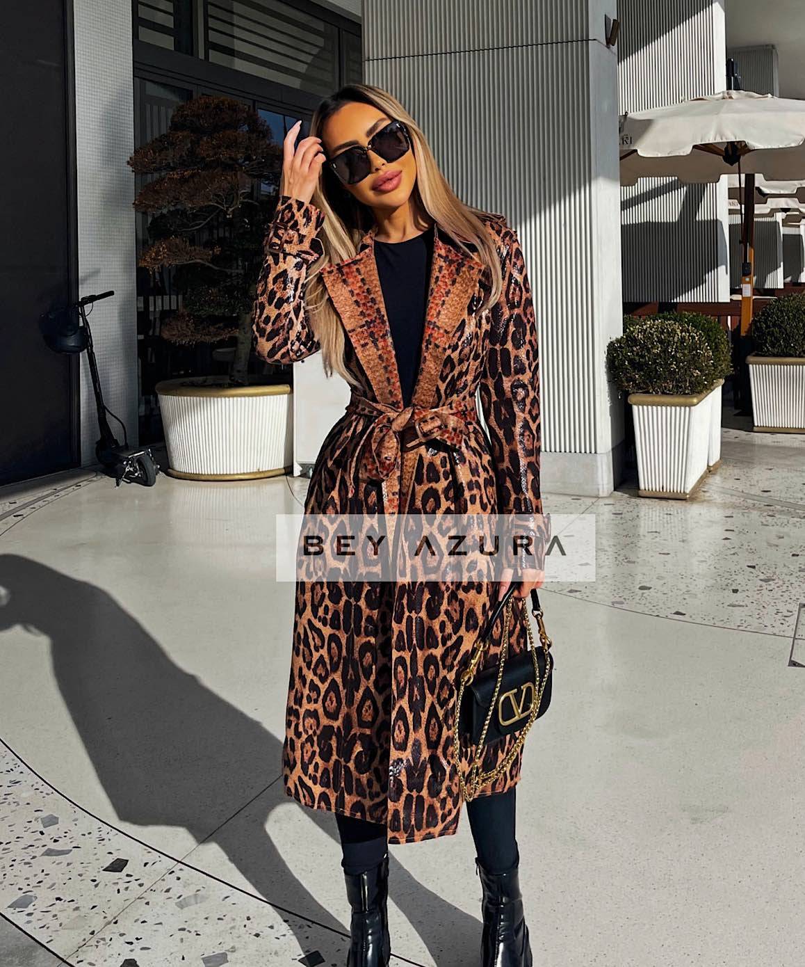 PU Leather Snake Pattern Midi Coat