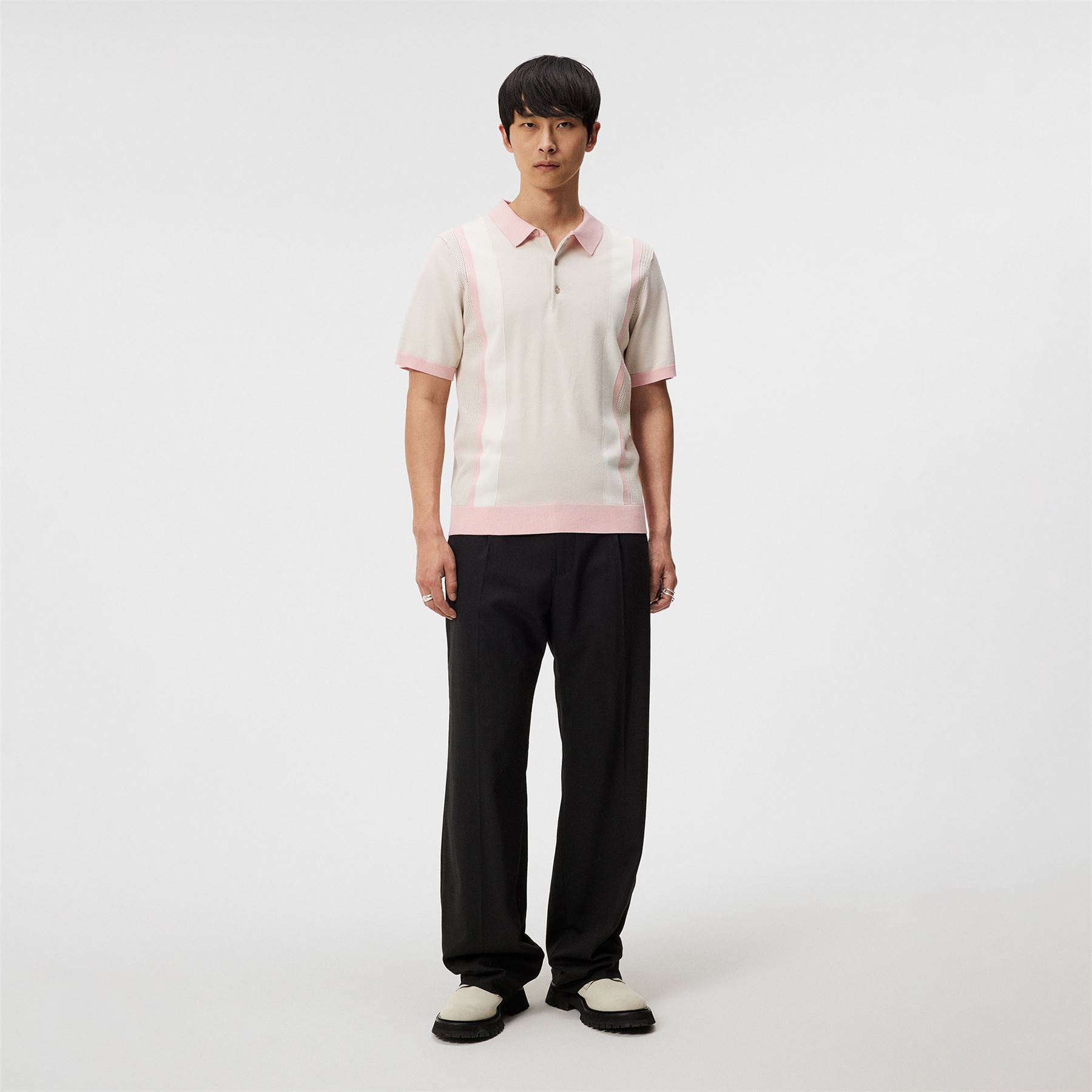 Reymond Regular Fit Knitted Stripe Polo Moonbeam Grey - SS24