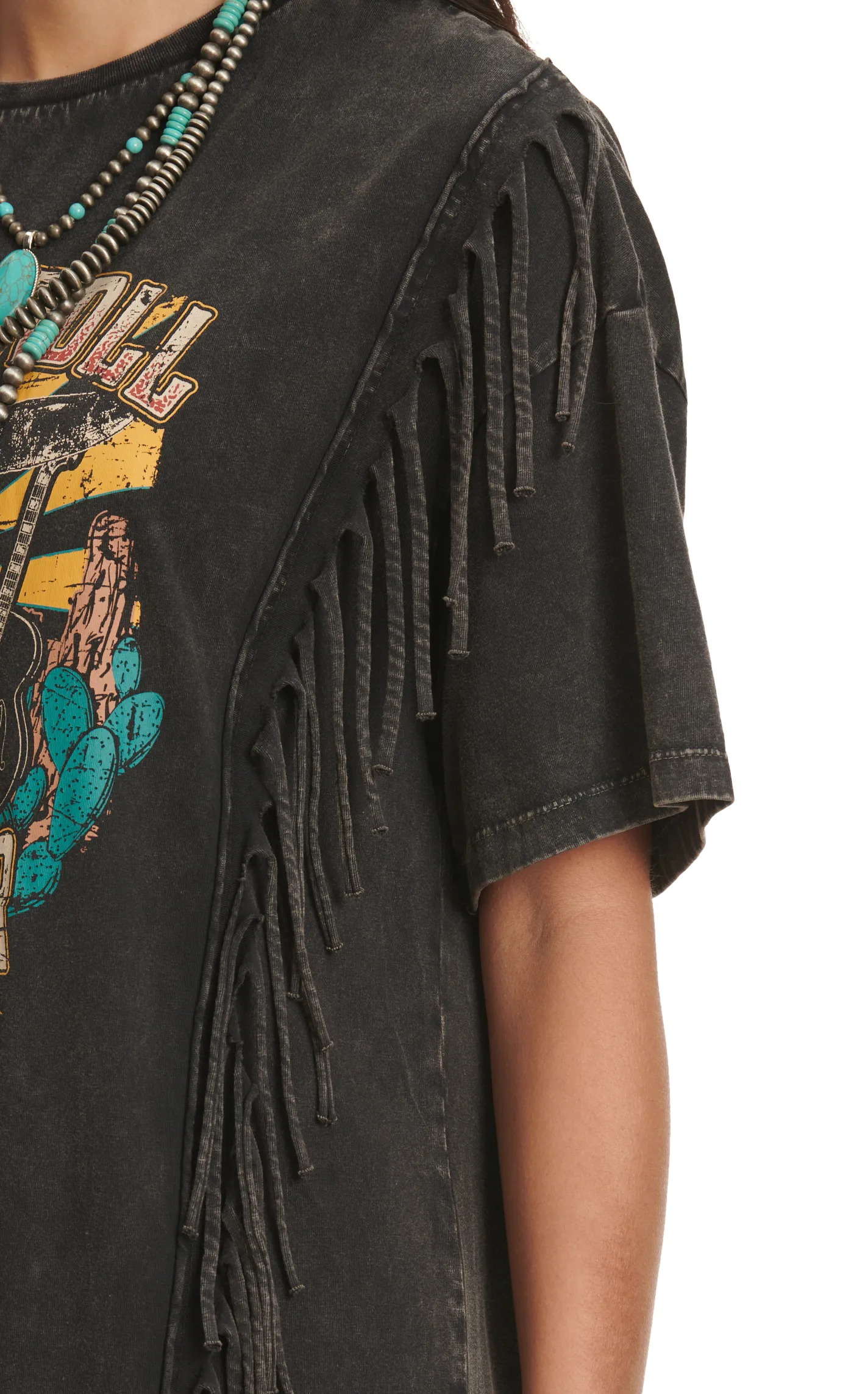 Rock & Roll Denim Women's Black Logo Graphic Fringed T-Shirt Dress 