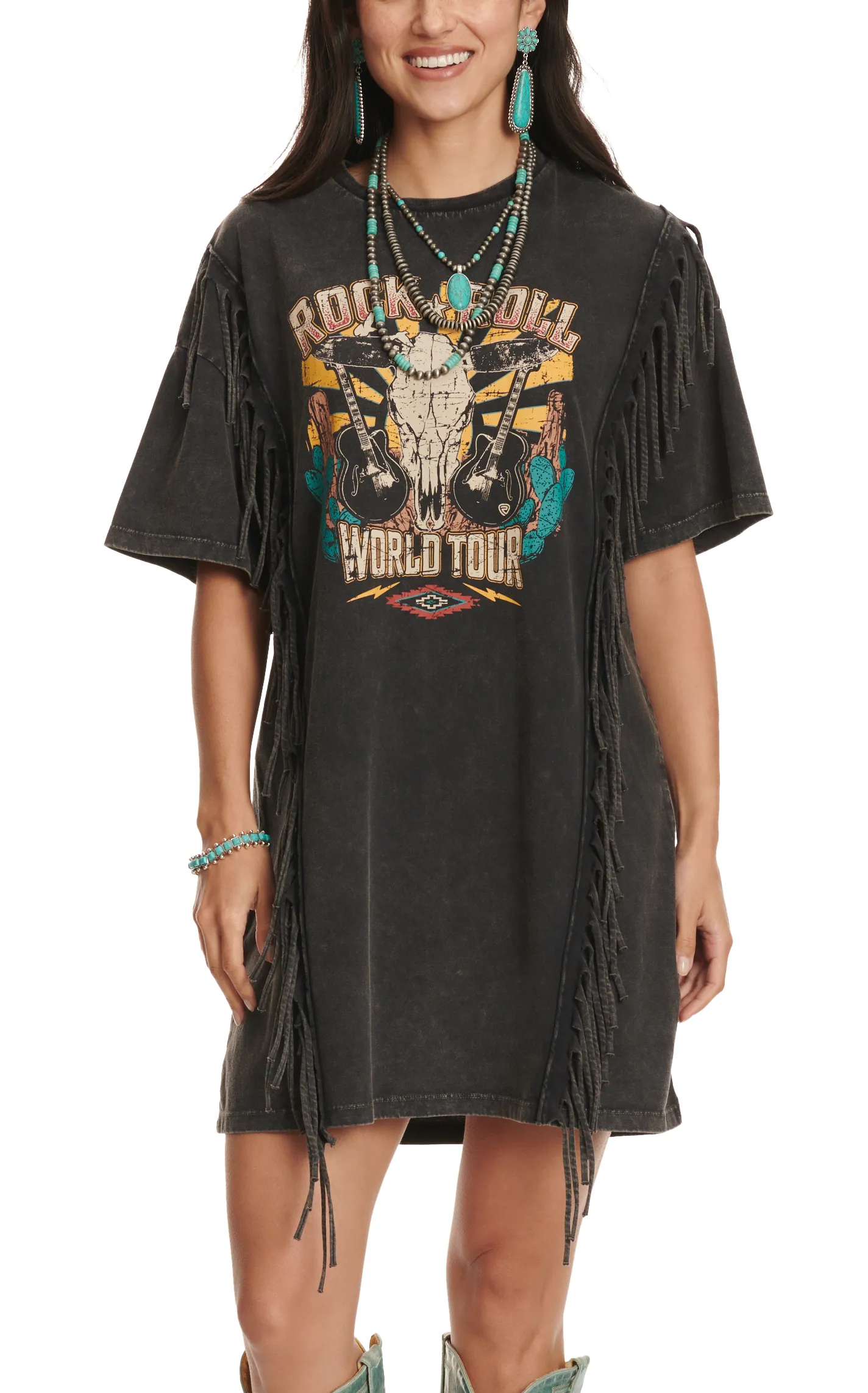 Rock & Roll Denim Women's Black Logo Graphic Fringed T-Shirt Dress 