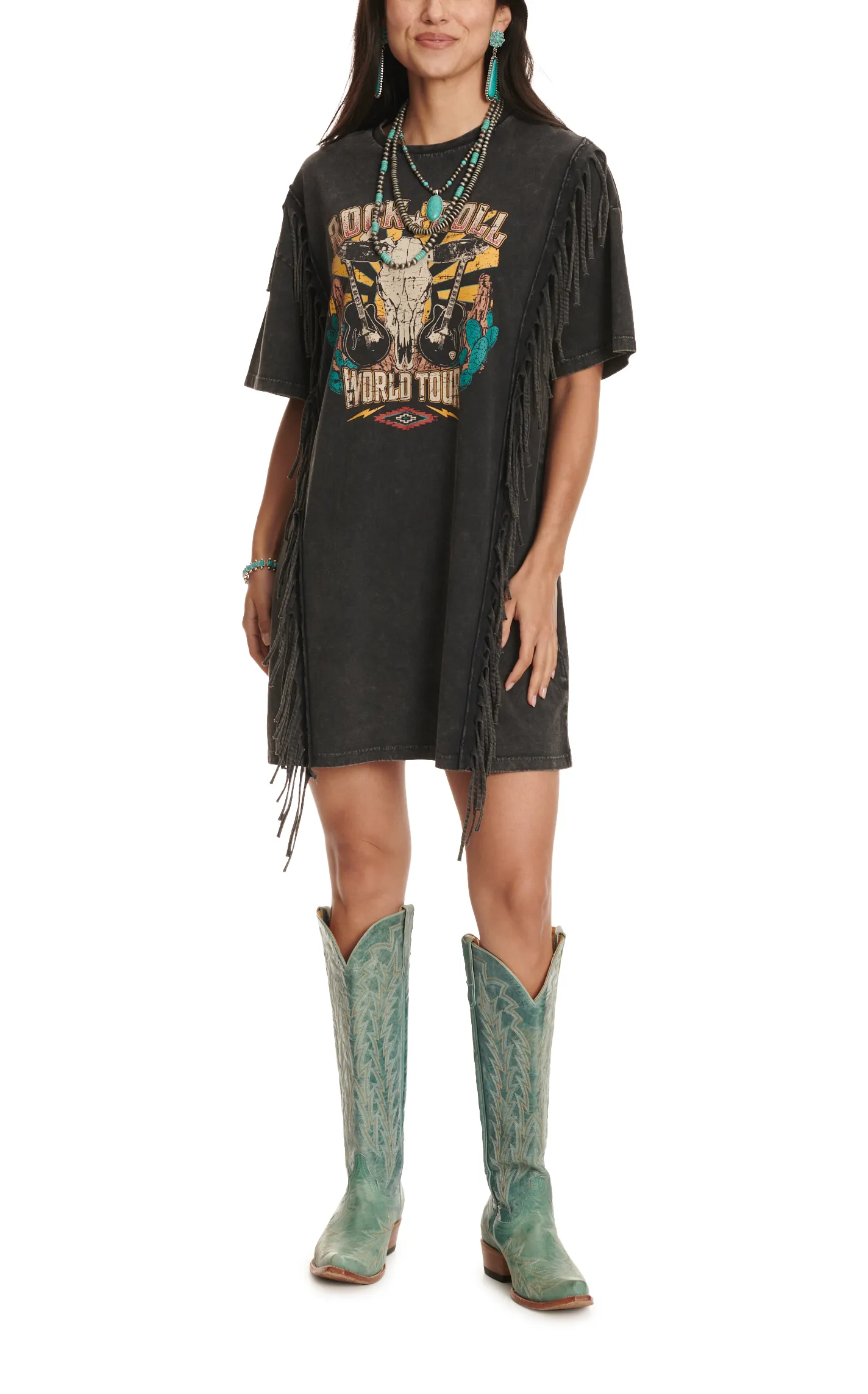 Rock & Roll Denim Women's Black Logo Graphic Fringed T-Shirt Dress 