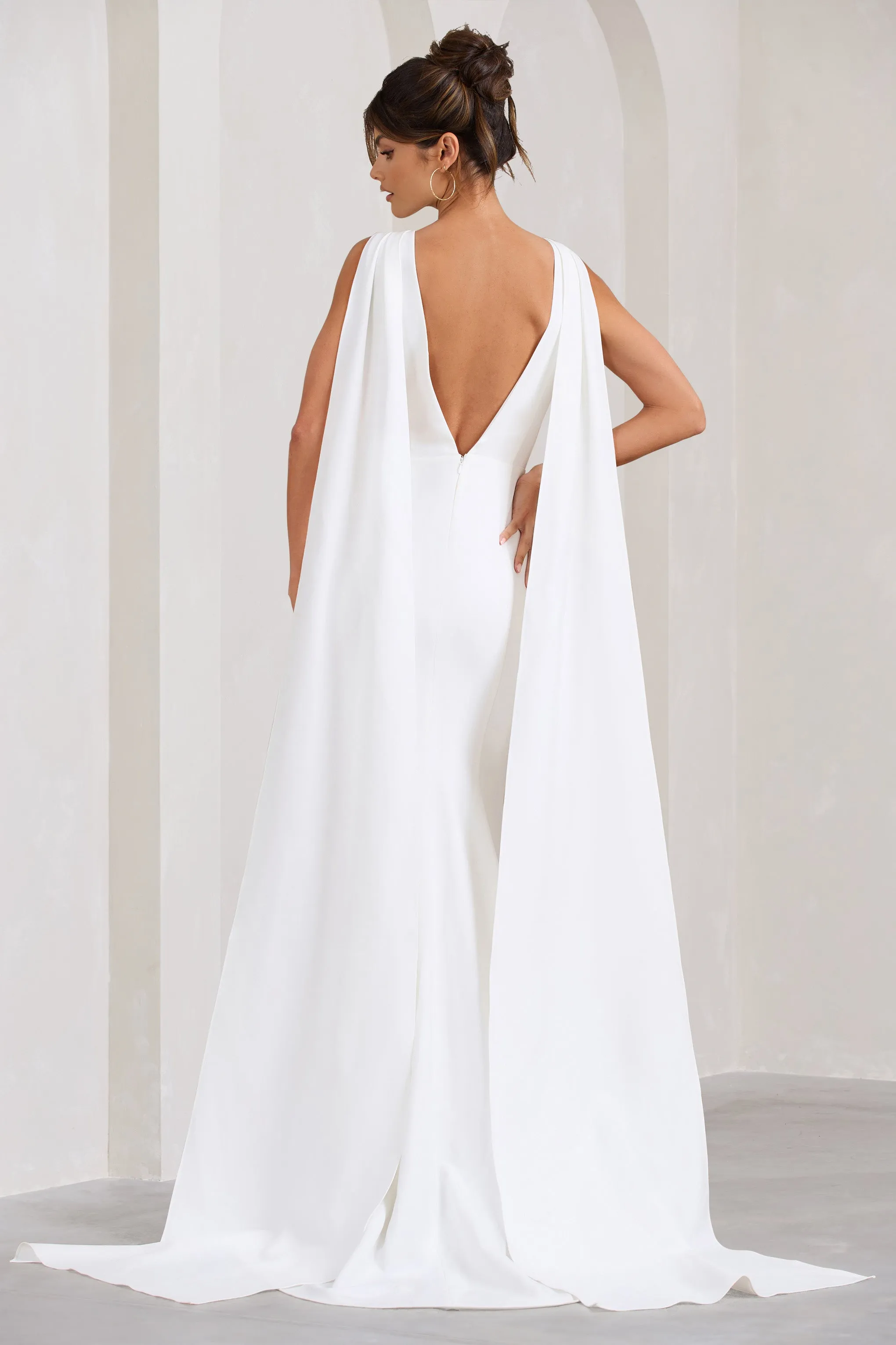 Rosaline | White Plunging Fishtail Maxi Dress With Cape