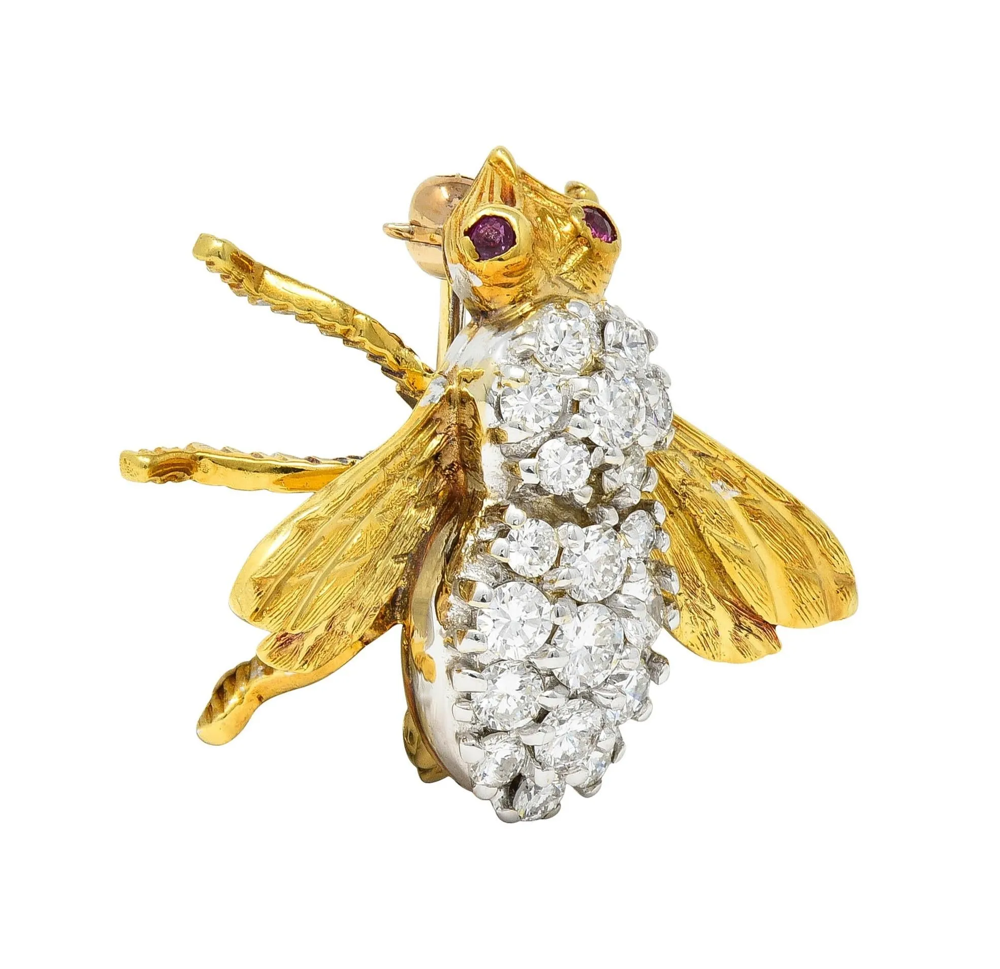 Rosenthal 1960's 1.16 CTW Diamond Ruby 18 Karat Two-Tone Gold Vintage Bee Bug Brooch