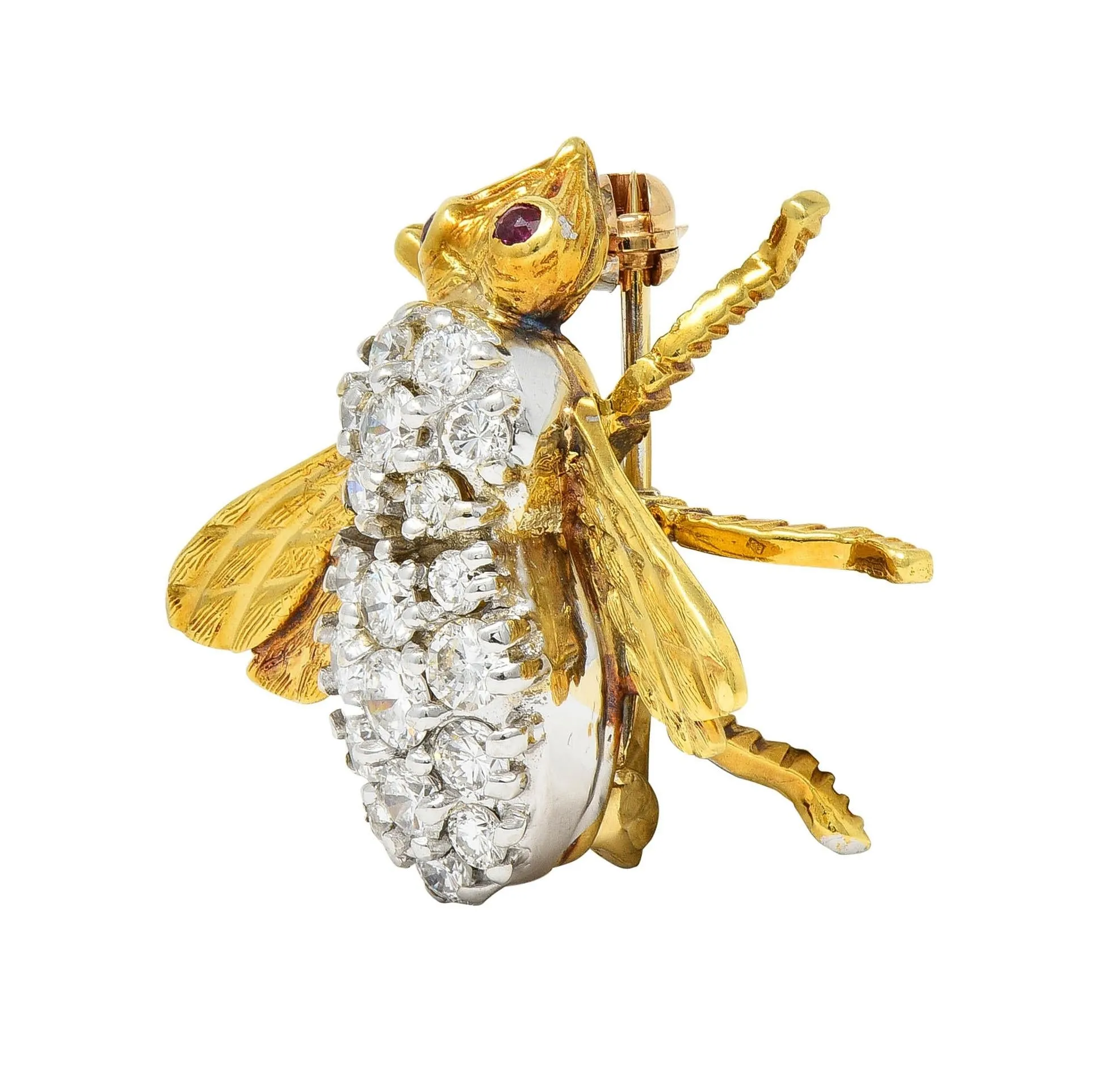 Rosenthal 1960's 1.16 CTW Diamond Ruby 18 Karat Two-Tone Gold Vintage Bee Bug Brooch