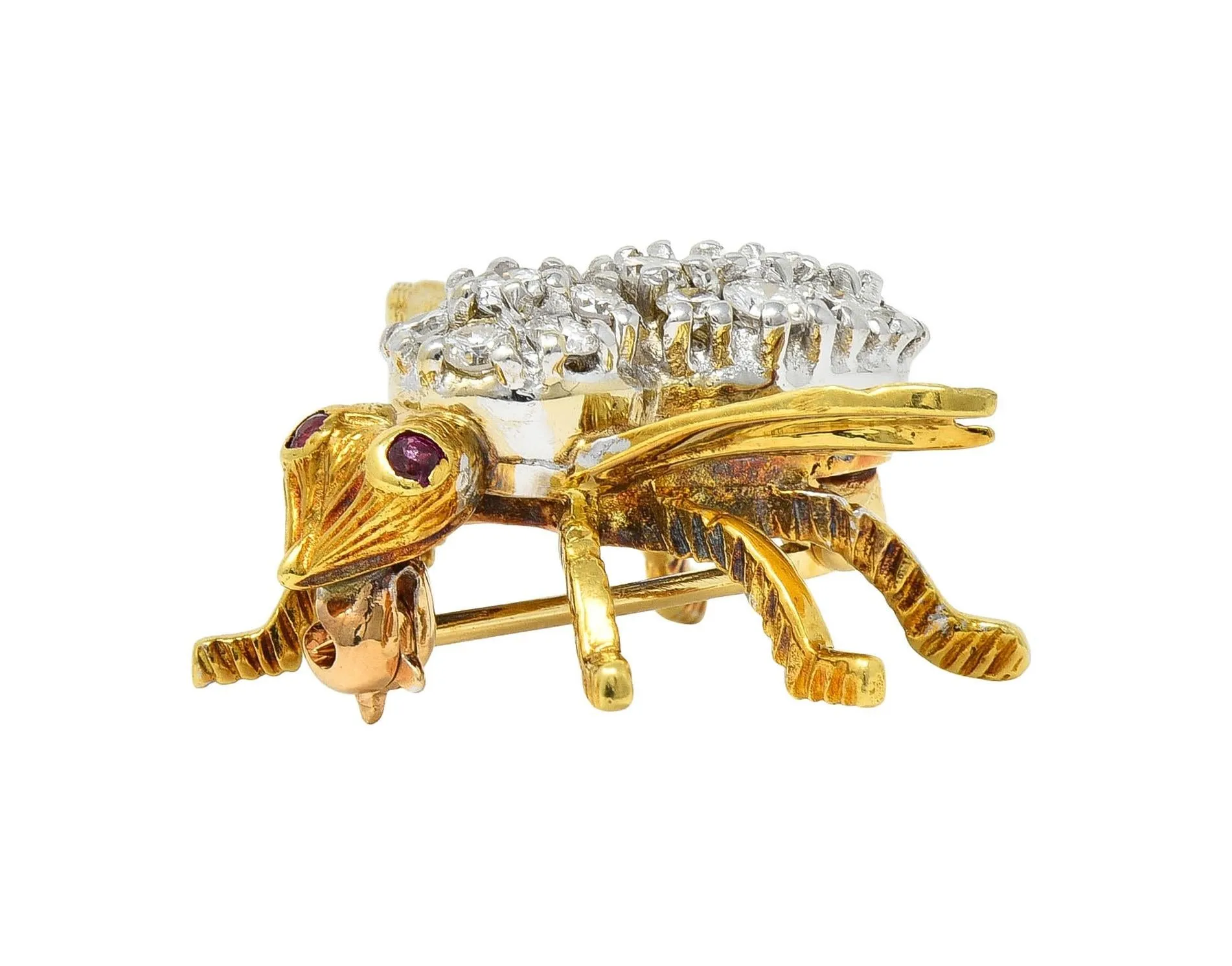 Rosenthal 1960's 1.16 CTW Diamond Ruby 18 Karat Two-Tone Gold Vintage Bee Bug Brooch