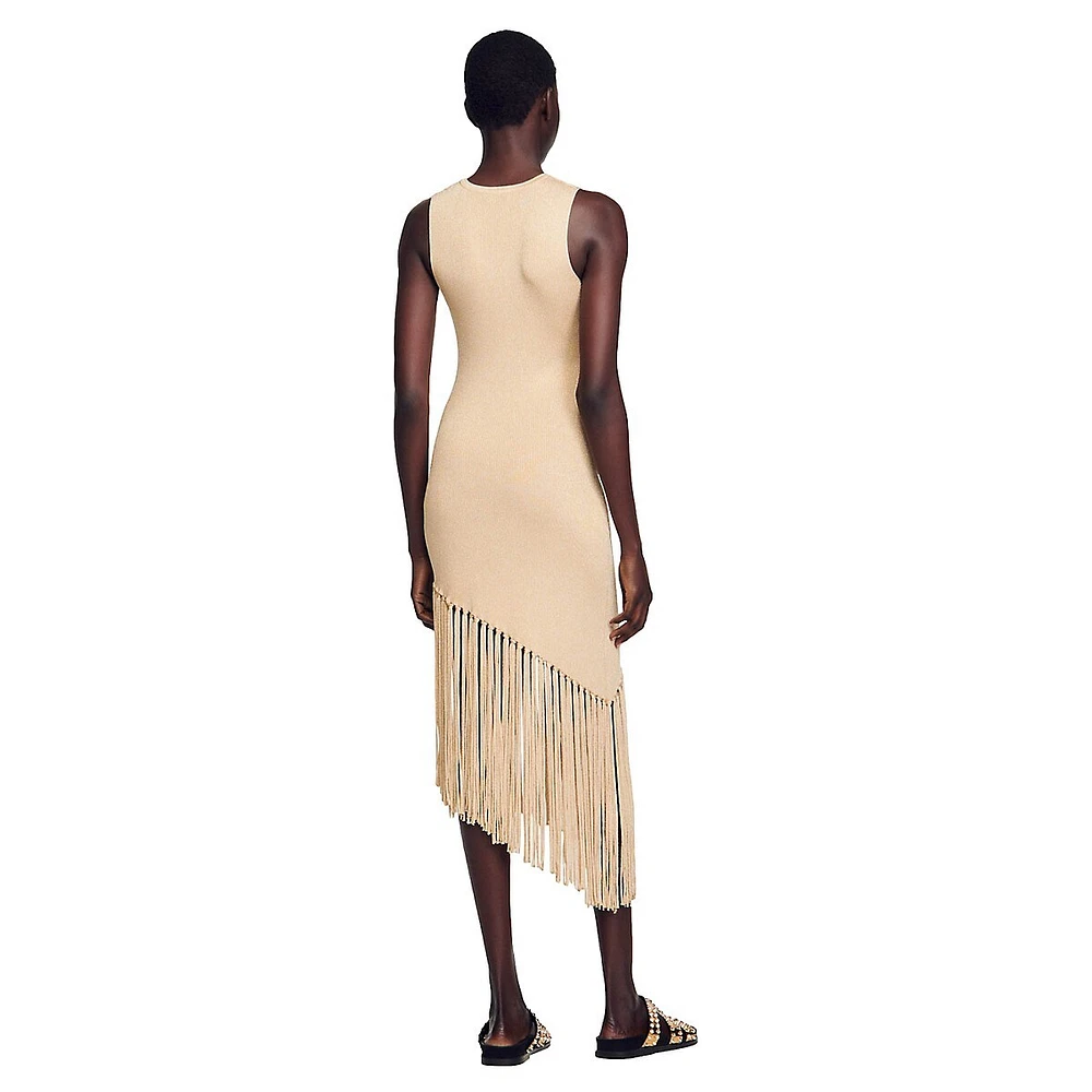 Sandro Hantas Ribbed Fringed Asymmetric-Hem Dress