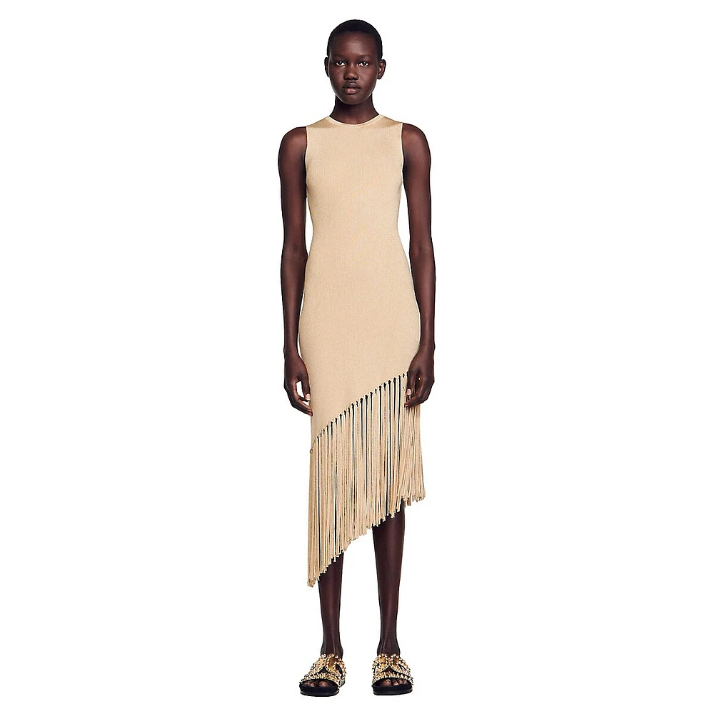 Sandro Hantas Ribbed Fringed Asymmetric-Hem Dress