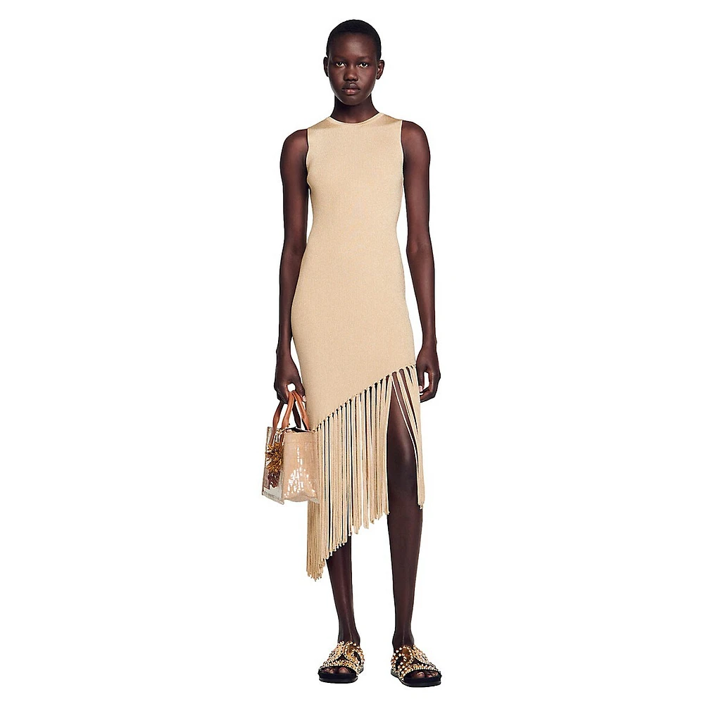 Sandro Hantas Ribbed Fringed Asymmetric-Hem Dress