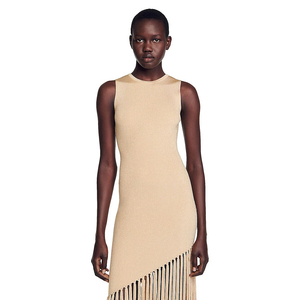 Sandro Hantas Ribbed Fringed Asymmetric-Hem Dress