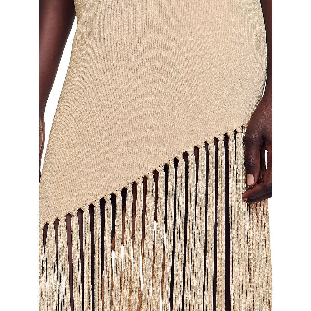 Sandro Hantas Ribbed Fringed Asymmetric-Hem Dress