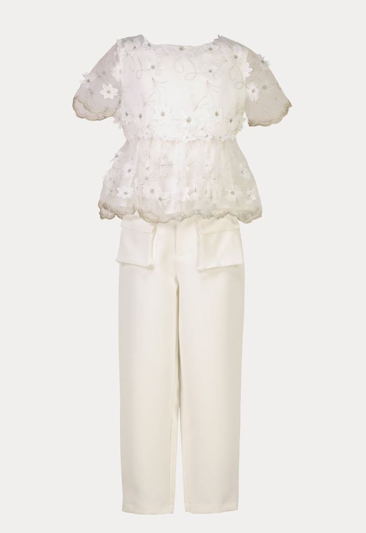 Scallop Floral Embroidery Sheer Blouse And Pants Set