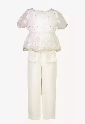 Scallop Floral Embroidery Sheer Blouse And Pants Set