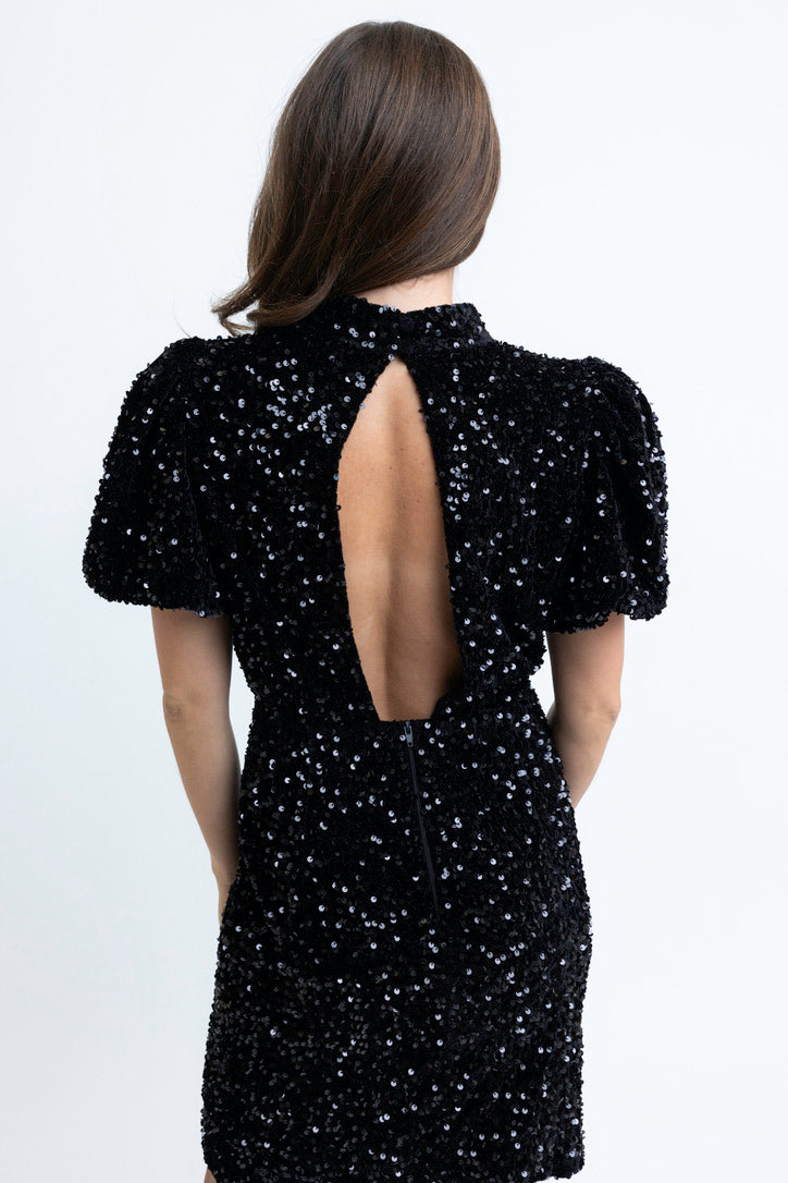 Sequin Puff Sleeve Open Back Dress