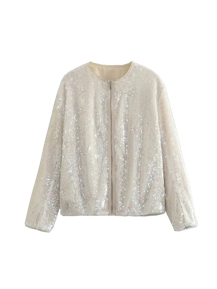 Sequins Glitter Zipper Cardigan Jackets Long Sleeve O neck  Fashion Tops